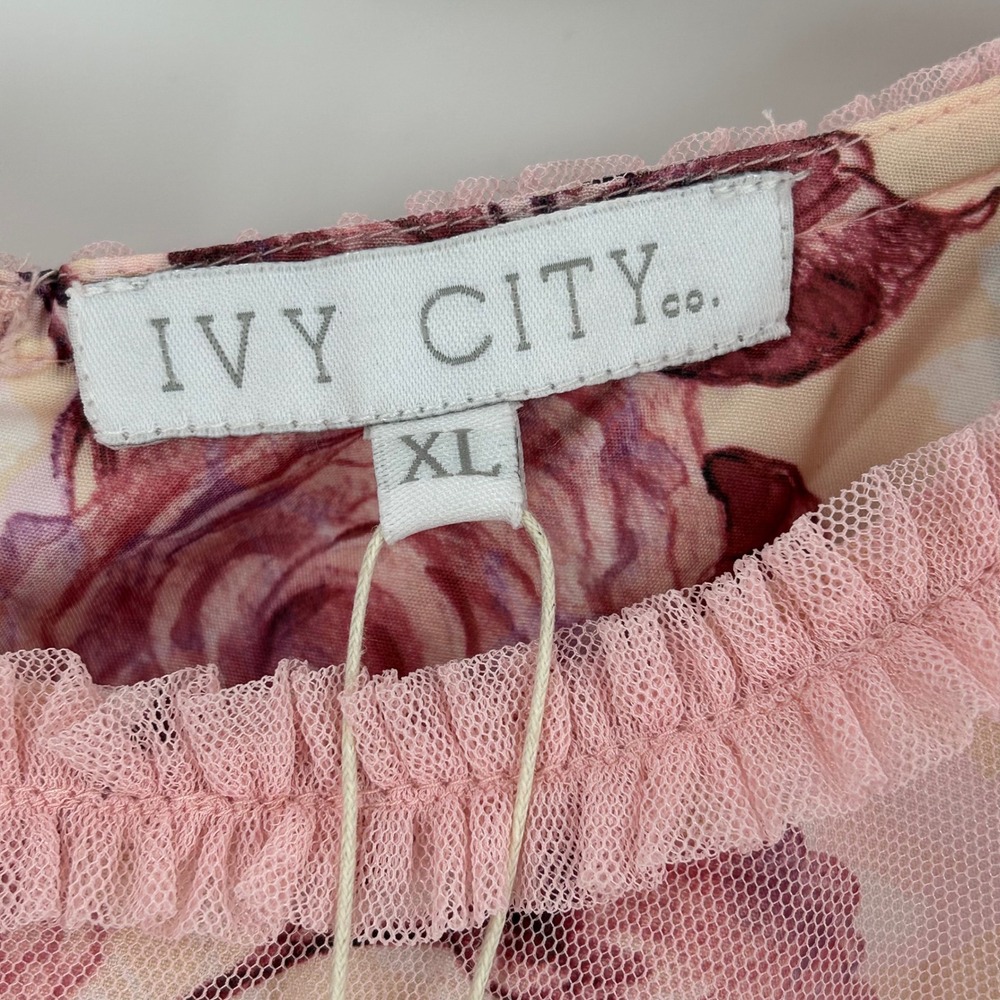 Ivy City Co Pink Floral Tulle Midi Dress XL NWT Ruffle Tiered Puff Sleeve Rose - Picture 7 of 10
